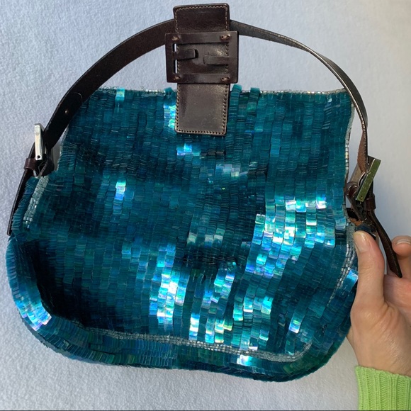 FENDI Navy Blue Sequin Beaded Shoulder Baguette Vintage 90s Bag - Picture 12 of 16